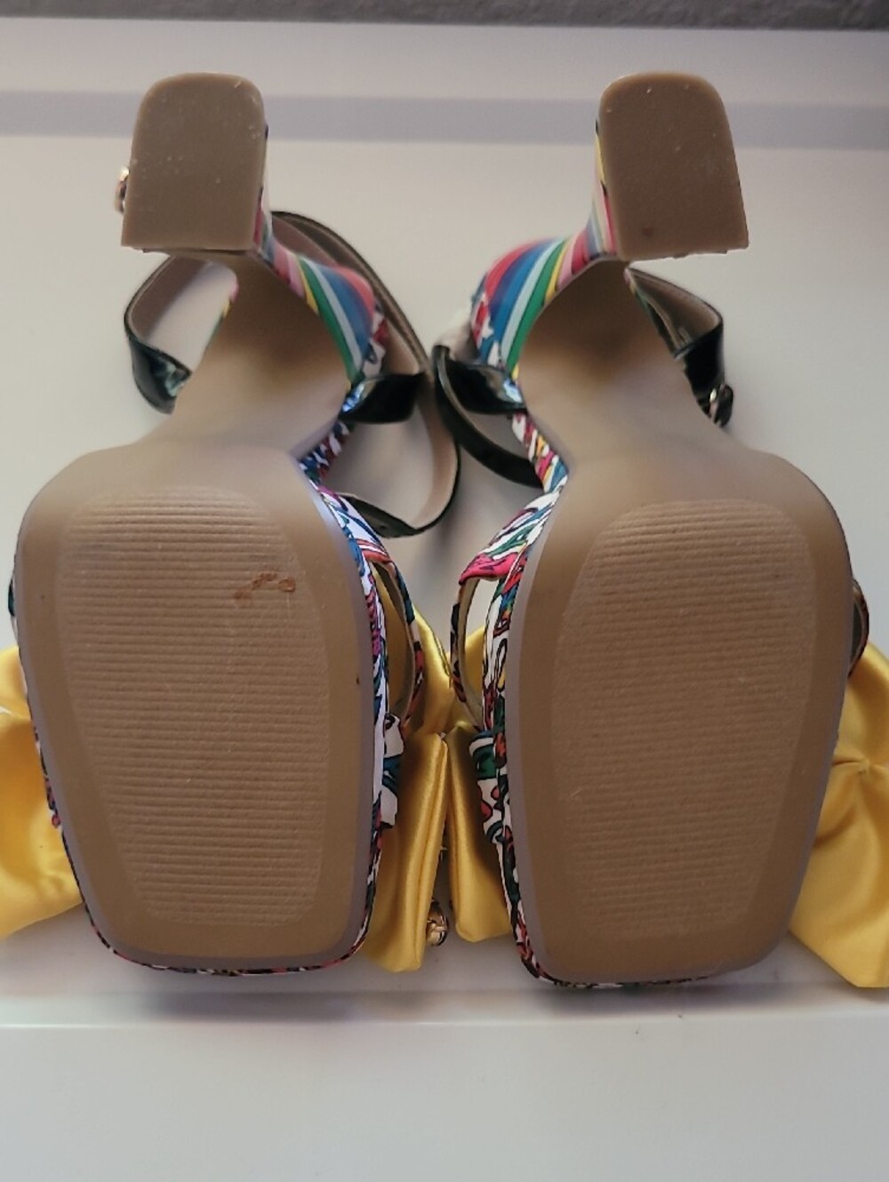 Betsey Johnson Yellow Bow Jeweled Ankle-Strap Peep-Toe RAINBOW  Heels - Picture 7 of 9